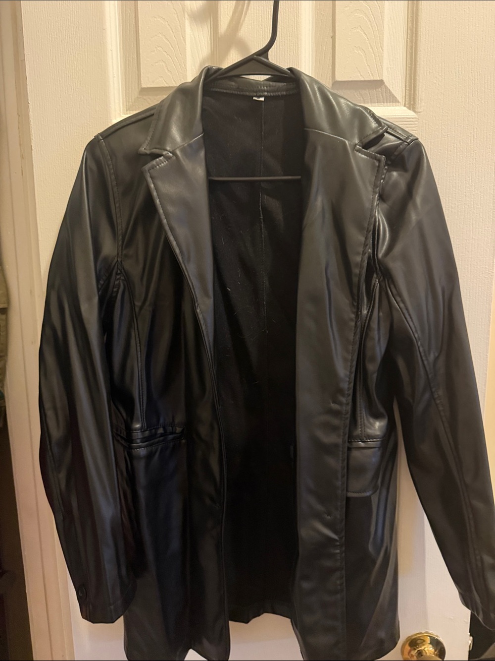 Women’s Black Faux Leather Blazer Jacket - Classic Tailored Coat
